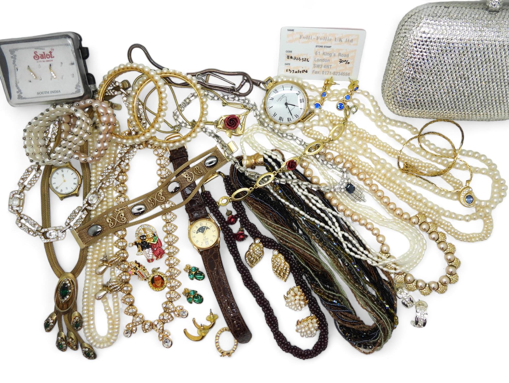 A diamante handbag by Karen Kelly, garnet beads, strings of cultured pearls and bracelets, further