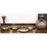 A mixed lot of ethnic metal wares to include pair of inscribed brass vases, brass serving tray,