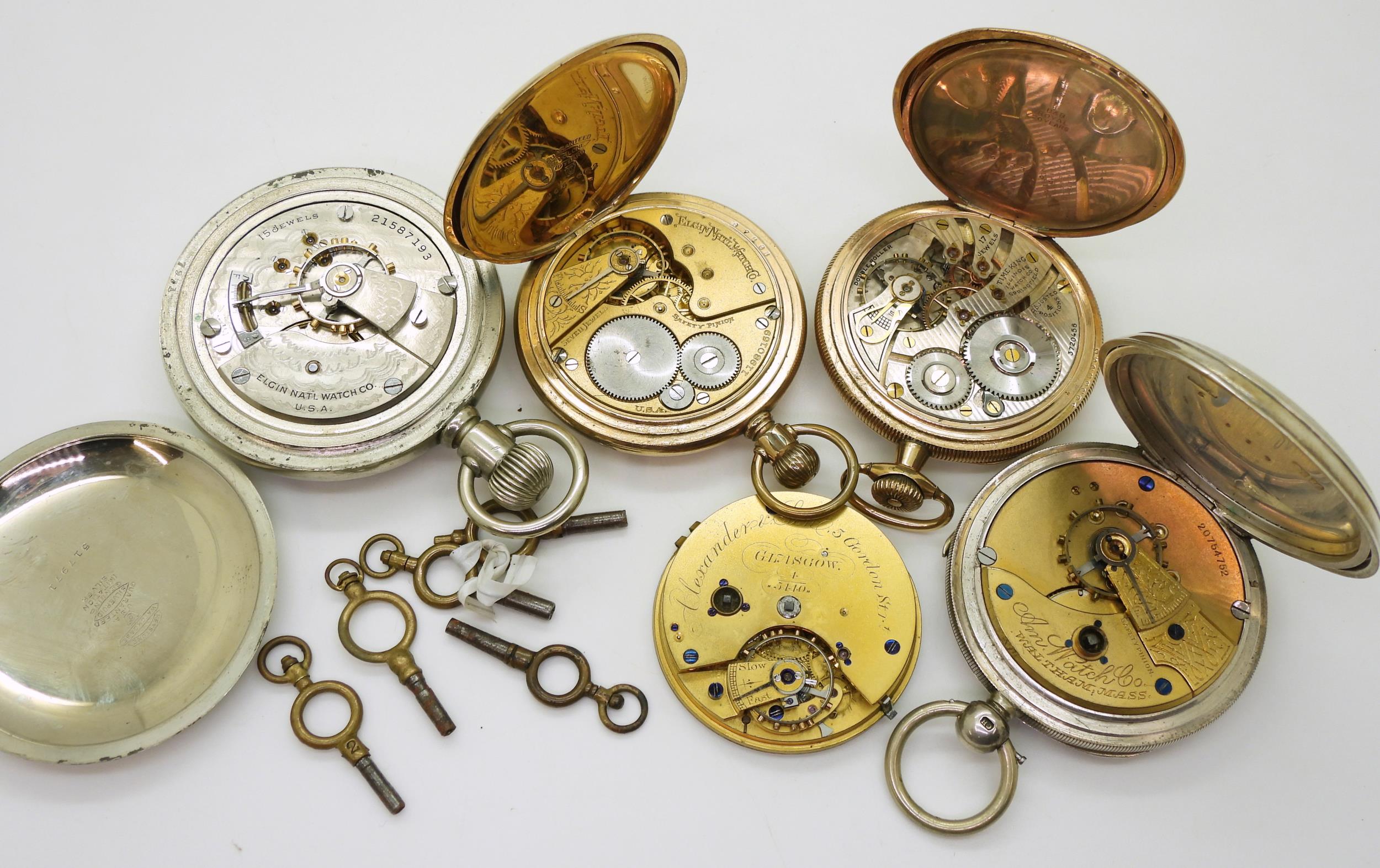 A silver Waltham pocket watch, hallmarked Chester 1918, an Elgin gold plated half hunter, a - Image 5 of 5
