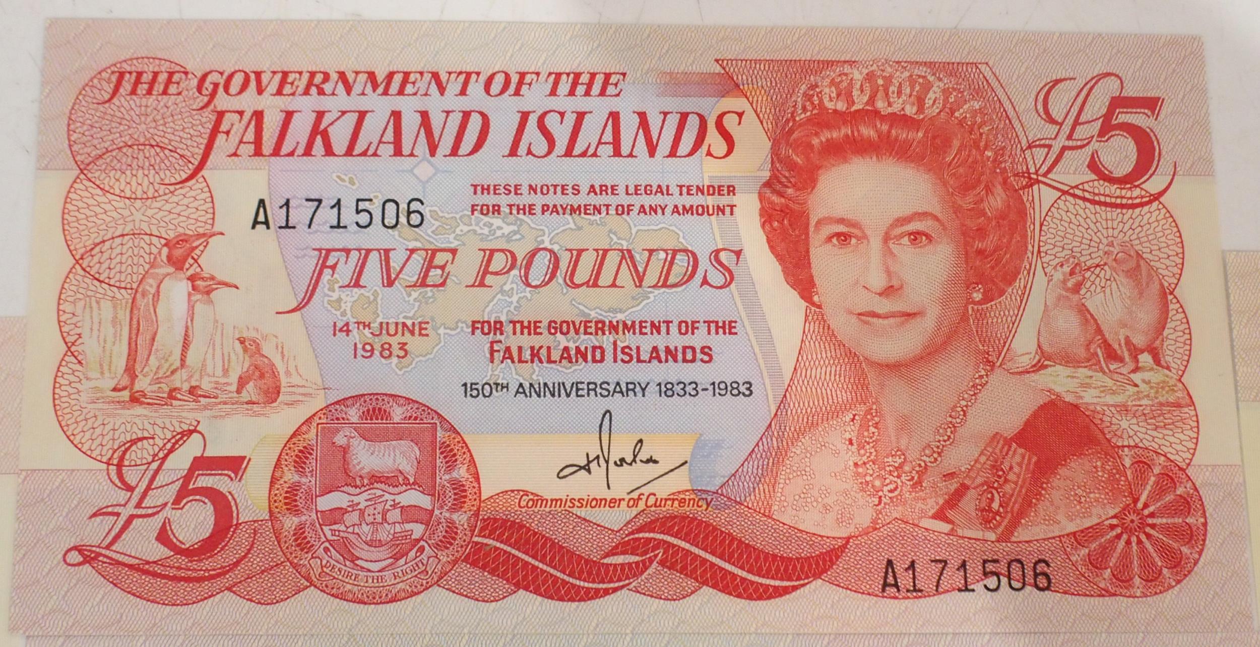 Falkland Islands (British Overseas Territories) Elizabeth II, A171506 £5 14th June 1983, A137831 £ - Image 4 of 8