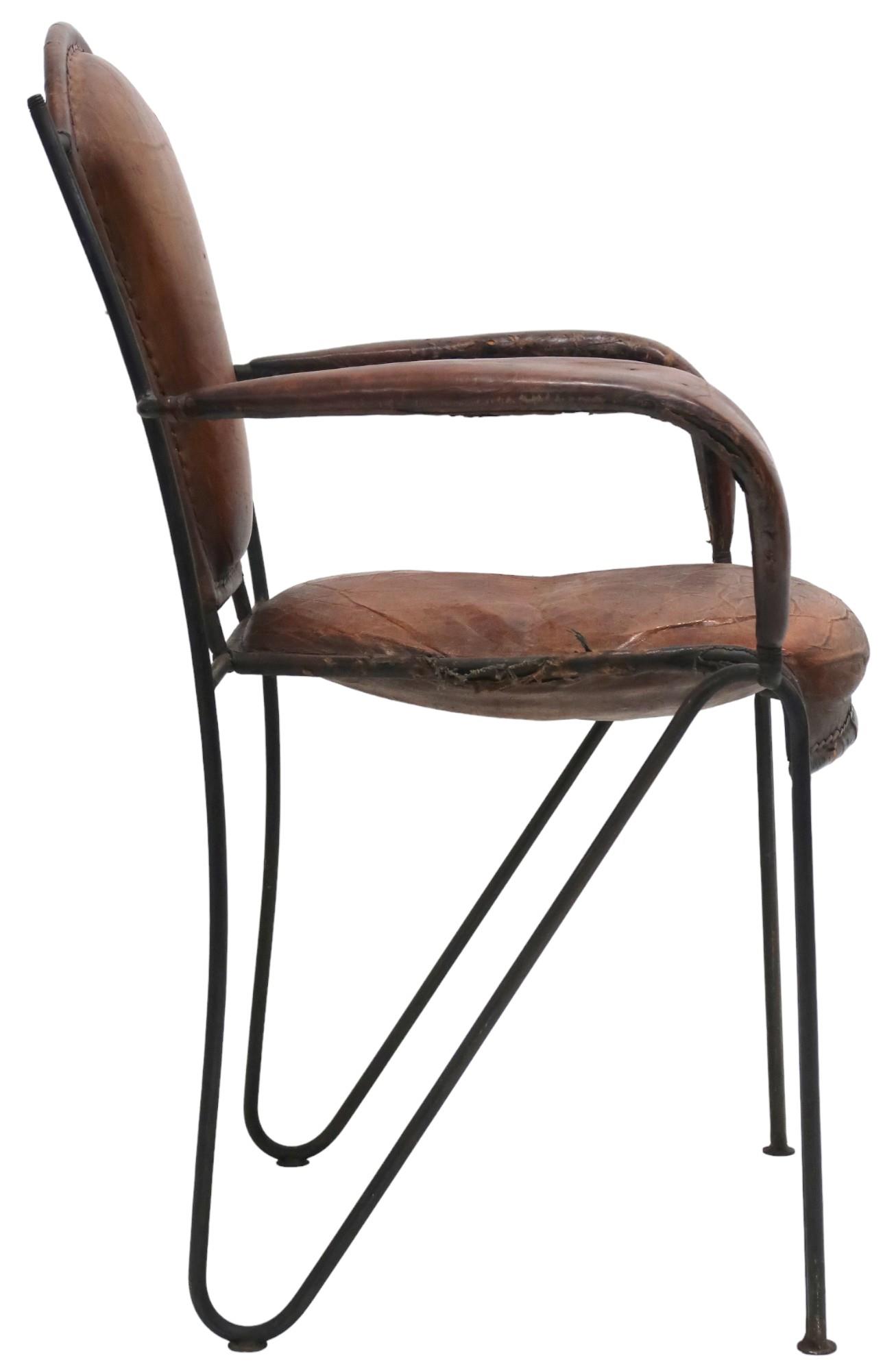 A MID 20TH CENTURY LEATHER & IRON ARMCHAIR AFTER JACQUES ADNET with open armrests made with stitched - Image 3 of 6