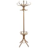 A 20th century bentwood hat and coat stand with six scrolled coat hooks on quadrupedal base, 196cm