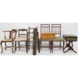A mixed lot to include corner armchair, sabre legged chair, burr yew wood writing slope (def),