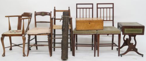 A mixed lot to include corner armchair, sabre legged chair, burr yew wood writing slope (def),