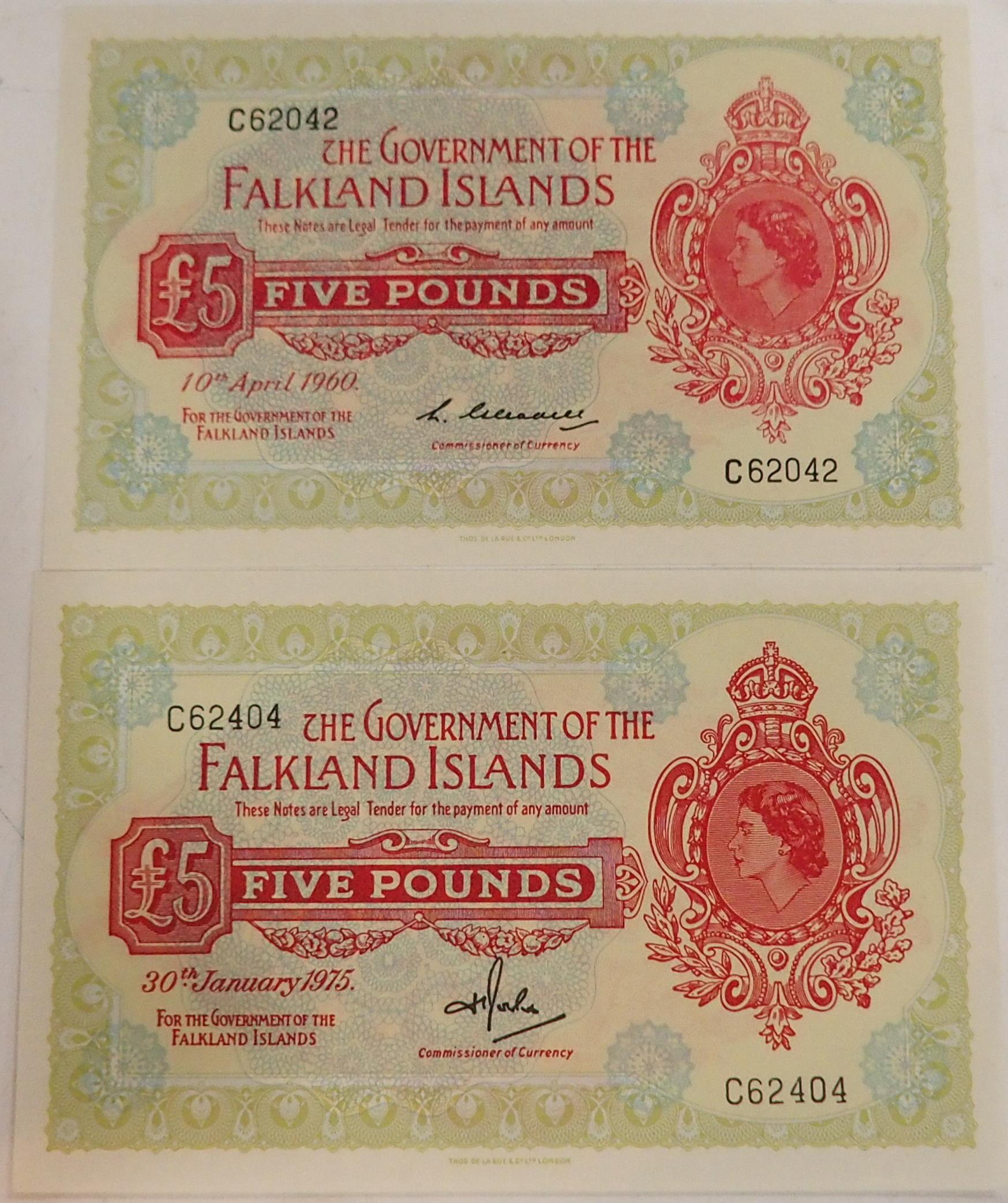 Falkland Islands (British Overseas Territories) £5 1960 and 1975 Bank Notes Obverse Elizabeth II