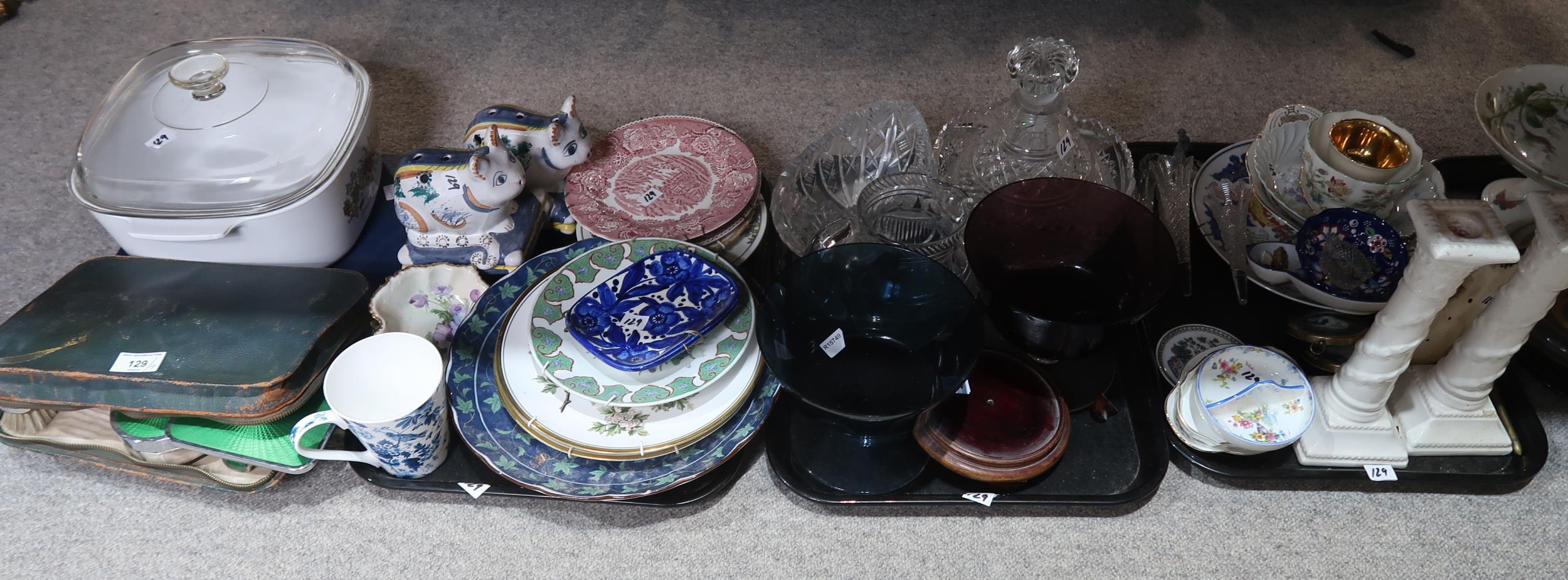A collection of assorted ceramics and glassware including a pair of cat shaped flower stem