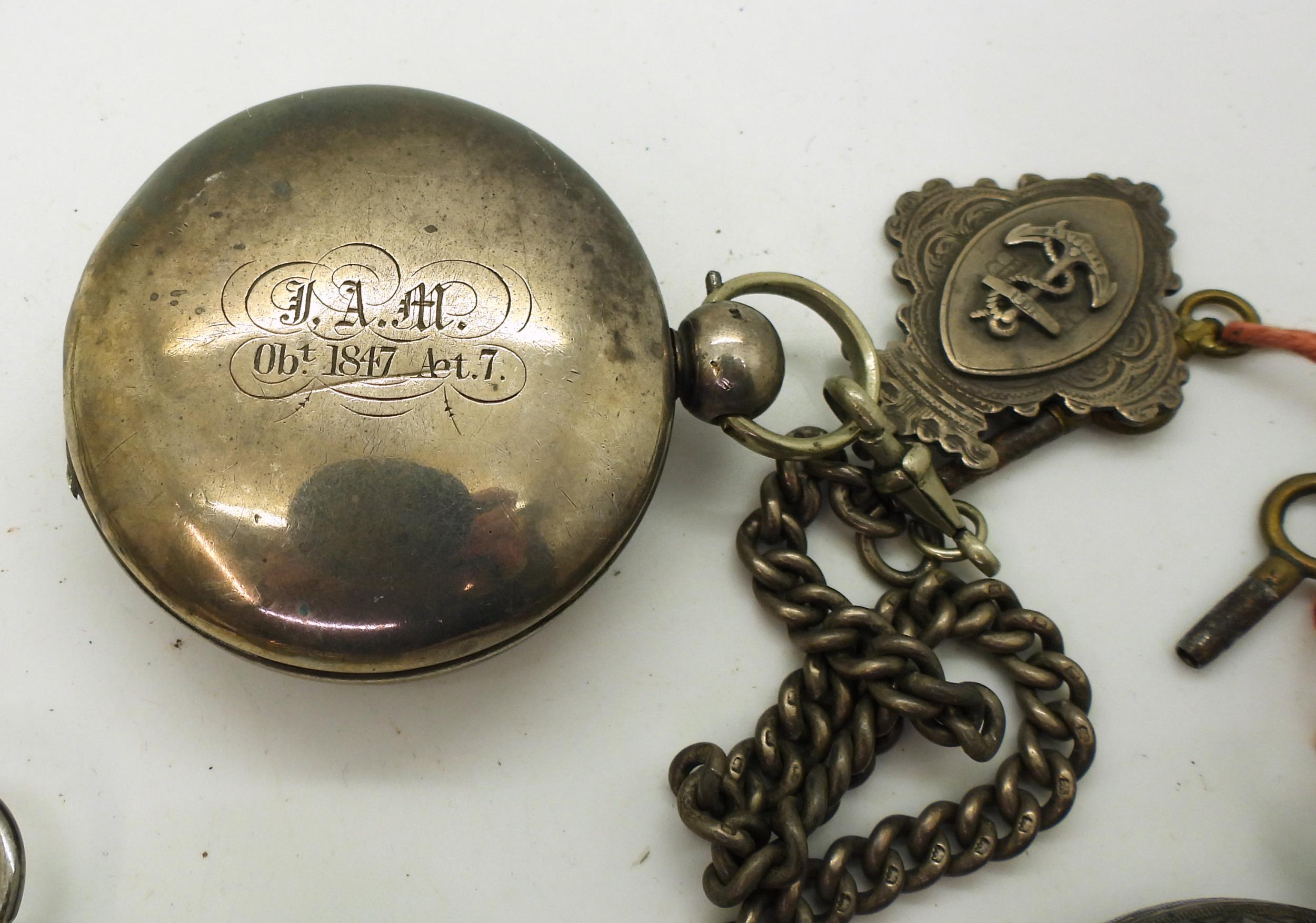 A silver full hunter pocket watch hallmarked Birmingham 1872, diamond capped fly wheel, with - Image 3 of 5