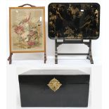 A lot comprising tapestry fire screen, 81cm high x 50cm wide x 22cm deep, black lacquered
