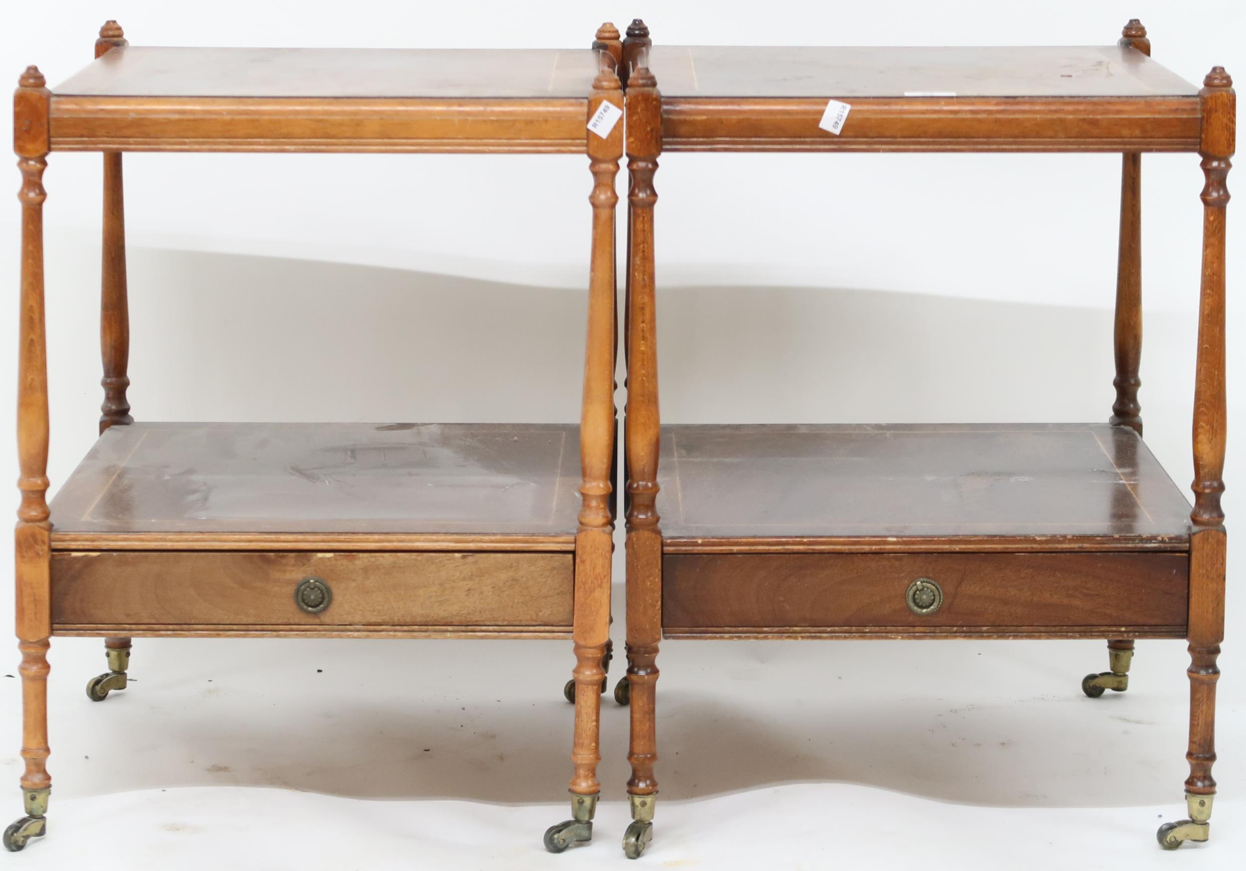 A pair of 20th century mahogany two tier lamp tables with square top over single drawer with