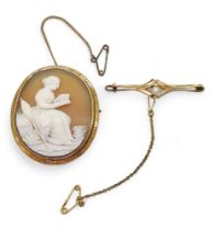 A yellow metal mounted shell cameo brooch, weight 9.4gms together with a 15ct gold pearl brooch,