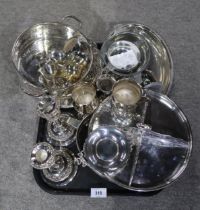 A collection of EPNS including candlesticks, pewter quaichs, dish stands, cups, specimen vases etc