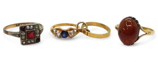 A 9ct gold wedding and engagement ring 'Charm' together with two 9ct gold gem set rings, weight
