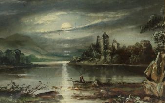 20TH CENTURY SCHOOL  FISHERMAN AT MOONLIGHT  Oil on board, 20 x 30cm  Together with two others (3)