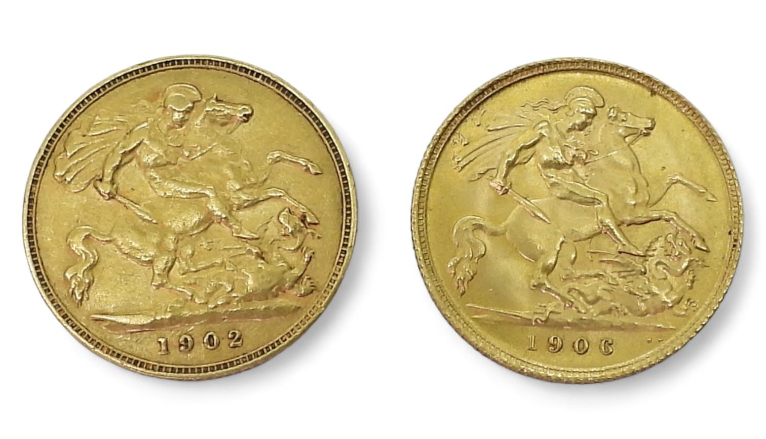 Edward VII (1901-1910) Half Sovereign Coins, 1902 4 grams, 1906 4 grams Obverse Portrait of King
