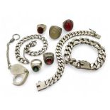 Three white metal curb chain bracelets two stamped 925, a collection of white metal rings and a