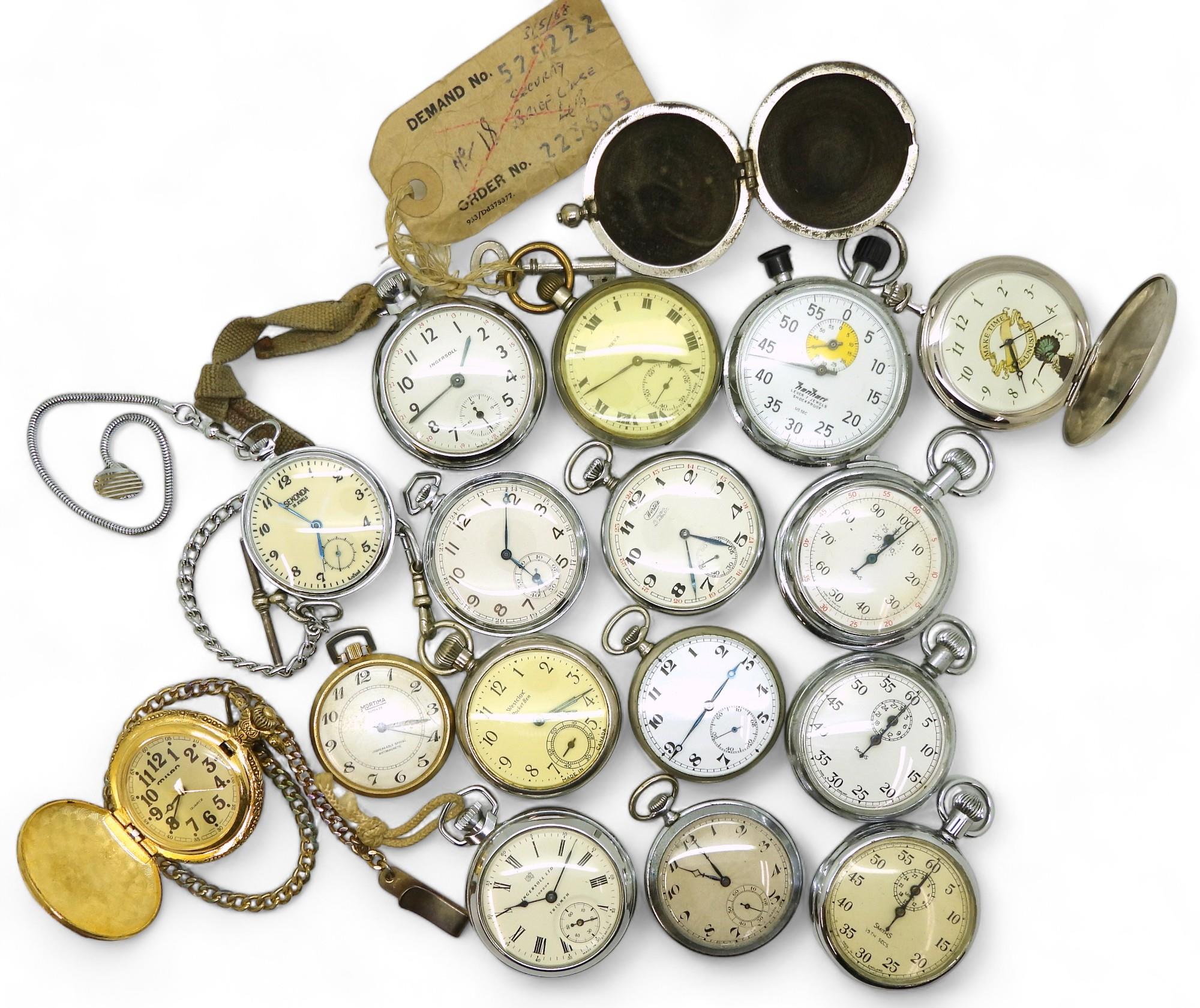 A collection of base metal stop watches and pocket watches, to include examples by HanHart,