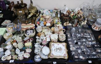 A collection of small flower encrusted and decorated ceramics, animals figures, dolls house ceramics