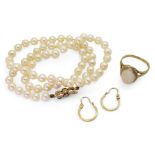 A string of pearls with a 9ct gold clasp, length 40cm, weight 11.6gms, a 9ct gold opal set ring,