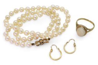 A string of pearls with a 9ct gold clasp, length 40cm, weight 11.6gms, a 9ct gold opal set ring,