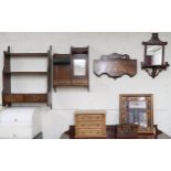 A mixed lot to include early 20th century oak hanging smokers cabinet, mahogany wall shelf, walnut