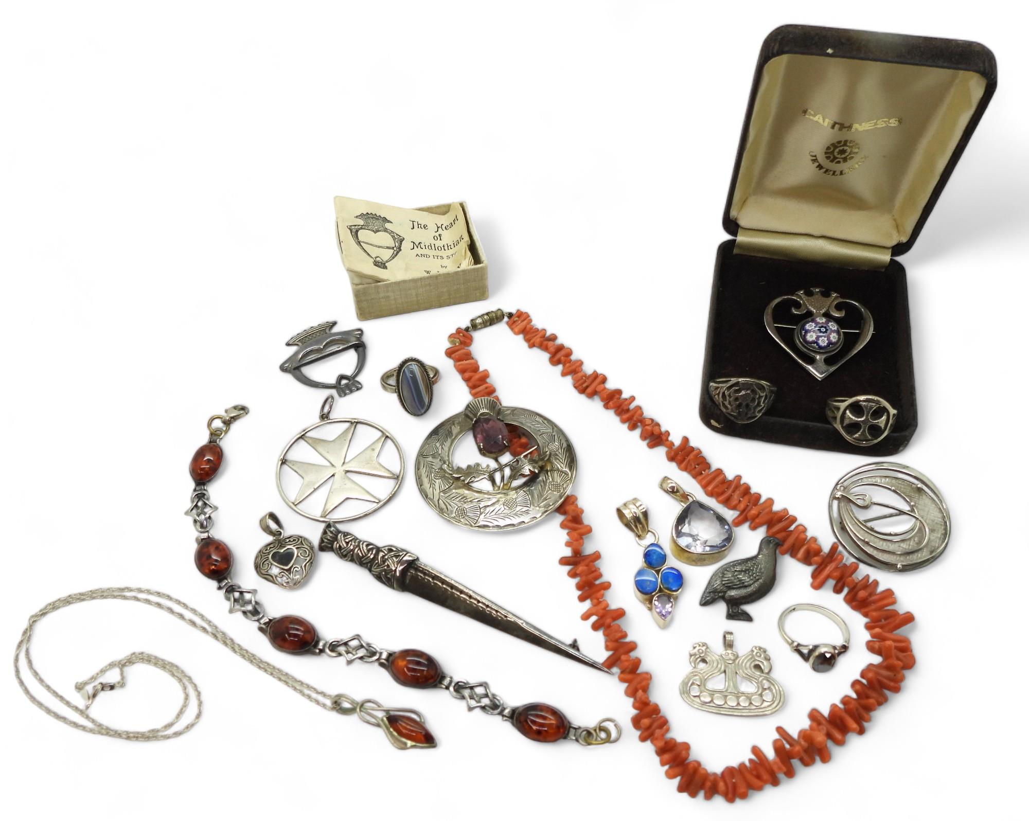 A collection of Scotish silver items to include items by Ola Gorie, Iona silver, a Heart of