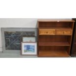 A mixed lot to include three assorted framed prints and a mid 20th century teak open bookcase, 107cm