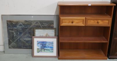 A mixed lot to include three assorted framed prints and a mid 20th century teak open bookcase, 107cm