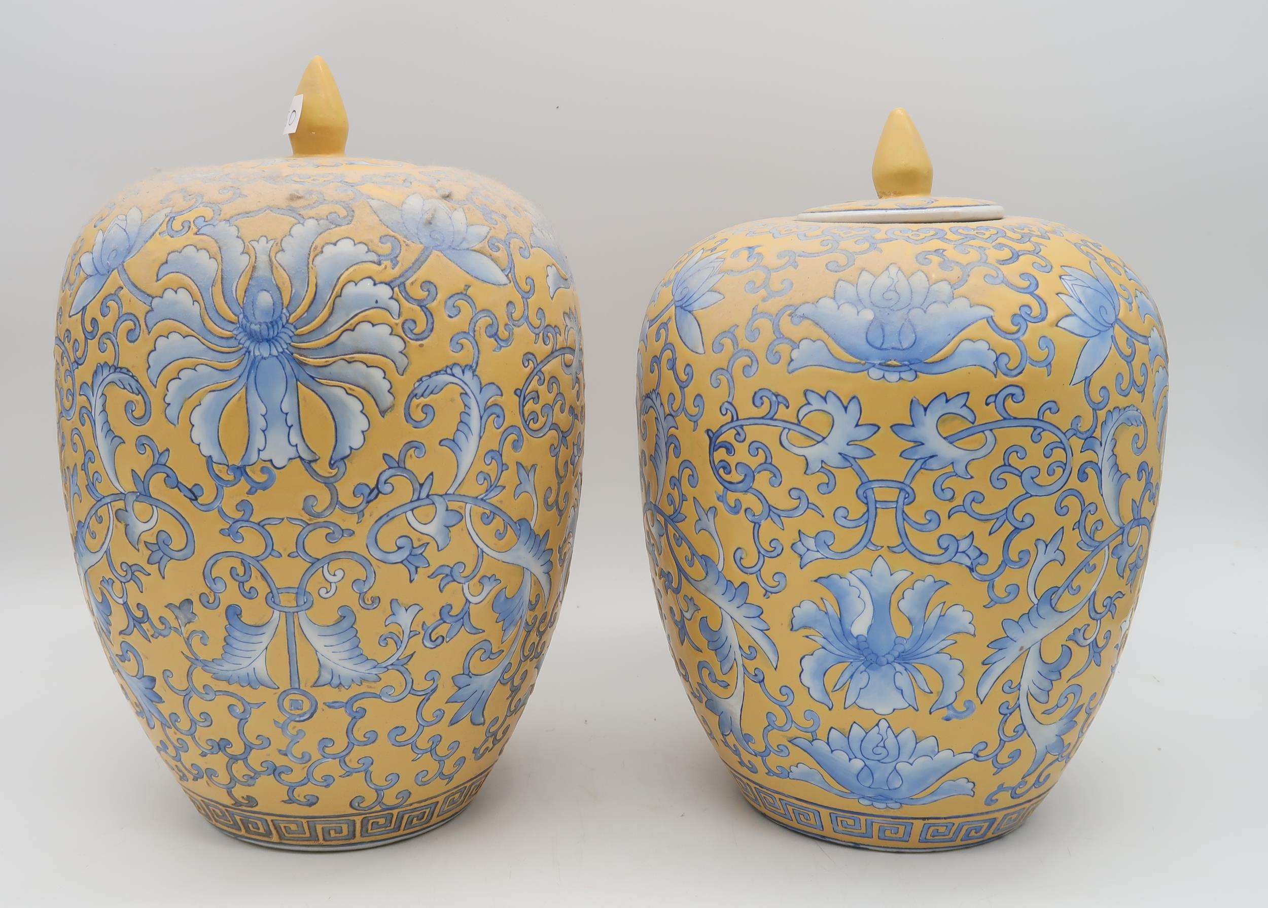 A collection of modern  Chinese blue and white ceramics including a pair of yellow ground jars and - Image 2 of 2