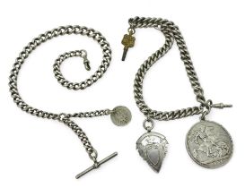 Two silver fob chains one with attached 1895 Victorian crown coin, and  medallion Condition Report: