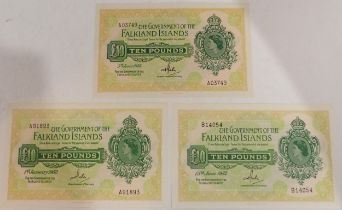 Falkland Islands (British Overseas Territories) £10 Bank Notes A03749 5th July 1975, A91893 1st