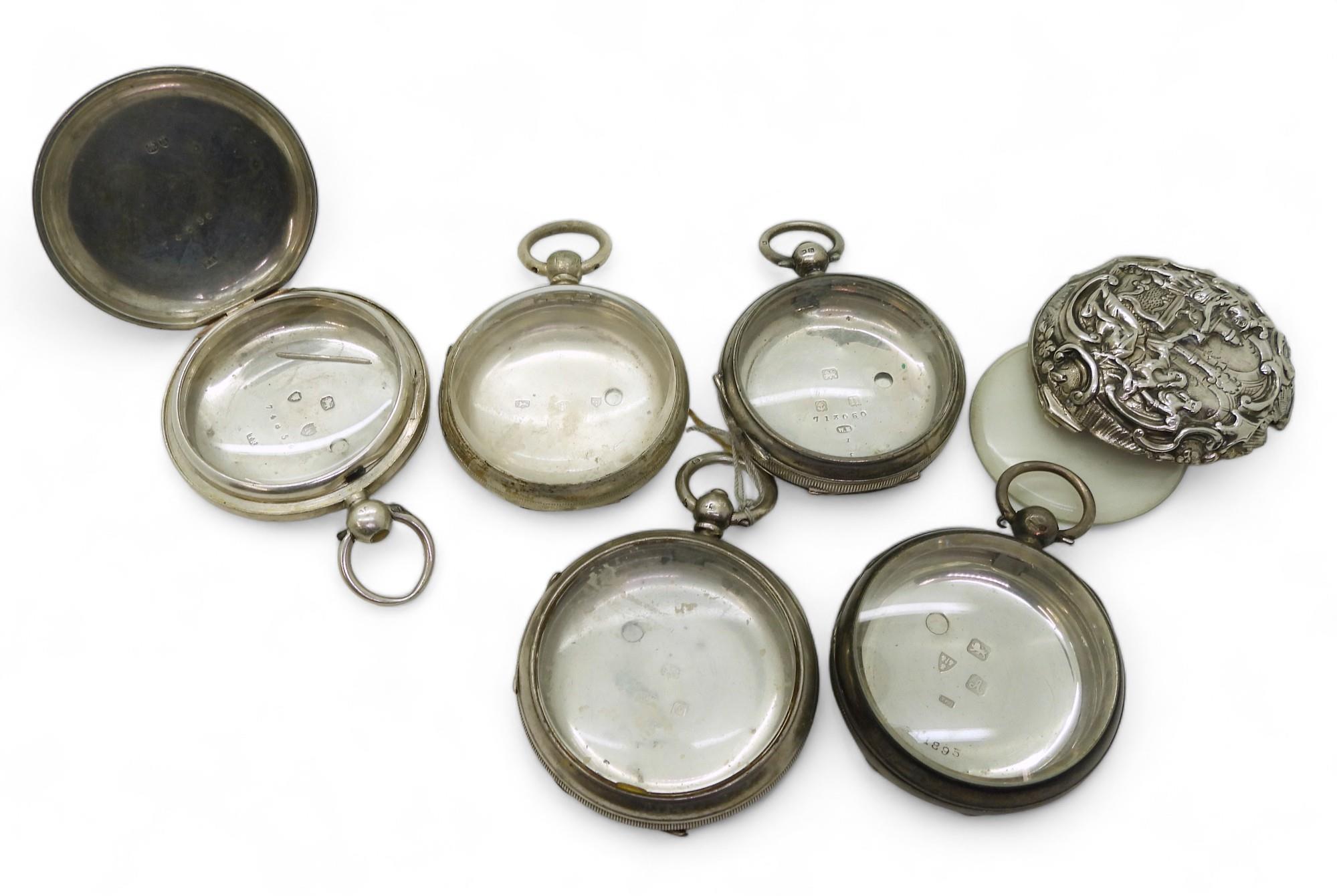 A silver full hunter pocket watch case, hallmarked 1885, four open face pocket watch cases dated