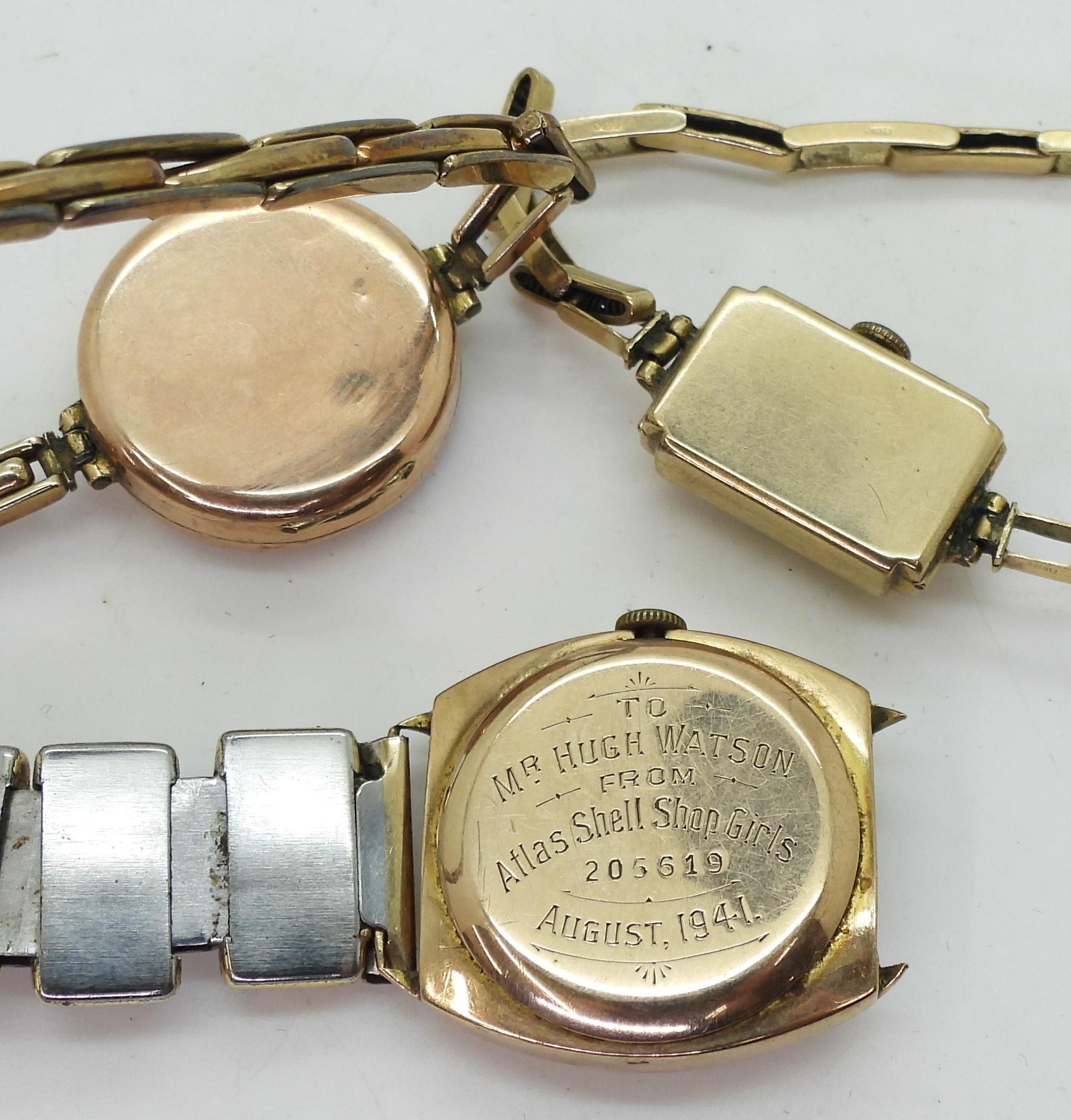Two 9ct gold watch heads to include a Serona watch Glasgow hallmarks 1934, a vintage watch with - Image 2 of 3