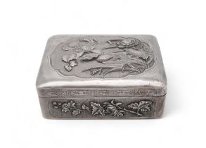 A Chinese white metal box, embossed with floral decoration, marked to the interior, 11 x 8.5cm