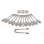 A set of twelve silver Old English pattern teaspoons and sugar tongs, by Allen & Darwin, Sheffield