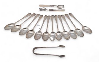 A set of twelve silver Old English pattern teaspoons and sugar tongs, by Allen & Darwin, Sheffield