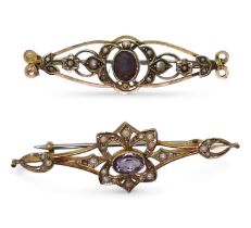 Two vintage 9ct gold brooches in original boxes, both set with amethyst and pearls weight of