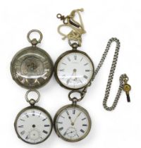 Four silver open face pocket watches, hallmarked 1890, decorative dial 1878, the example without