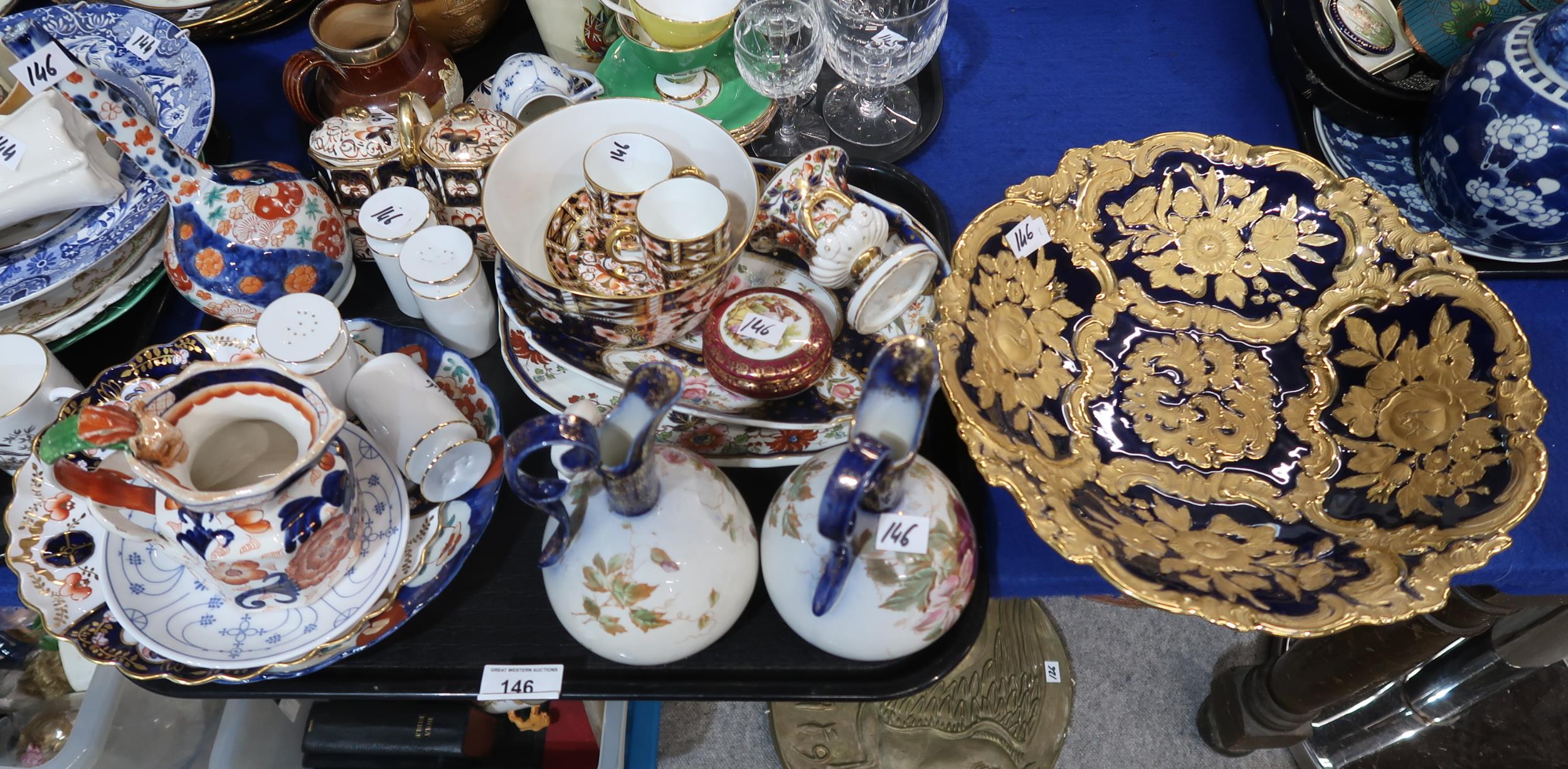 Two Royal crown Derby coffee cans and saucers, a large bowl, other imari pattern wares, a Meissen