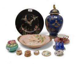 A collection of decorative ceramics including three small Royal Worcester pots, a Royal Doulton rose