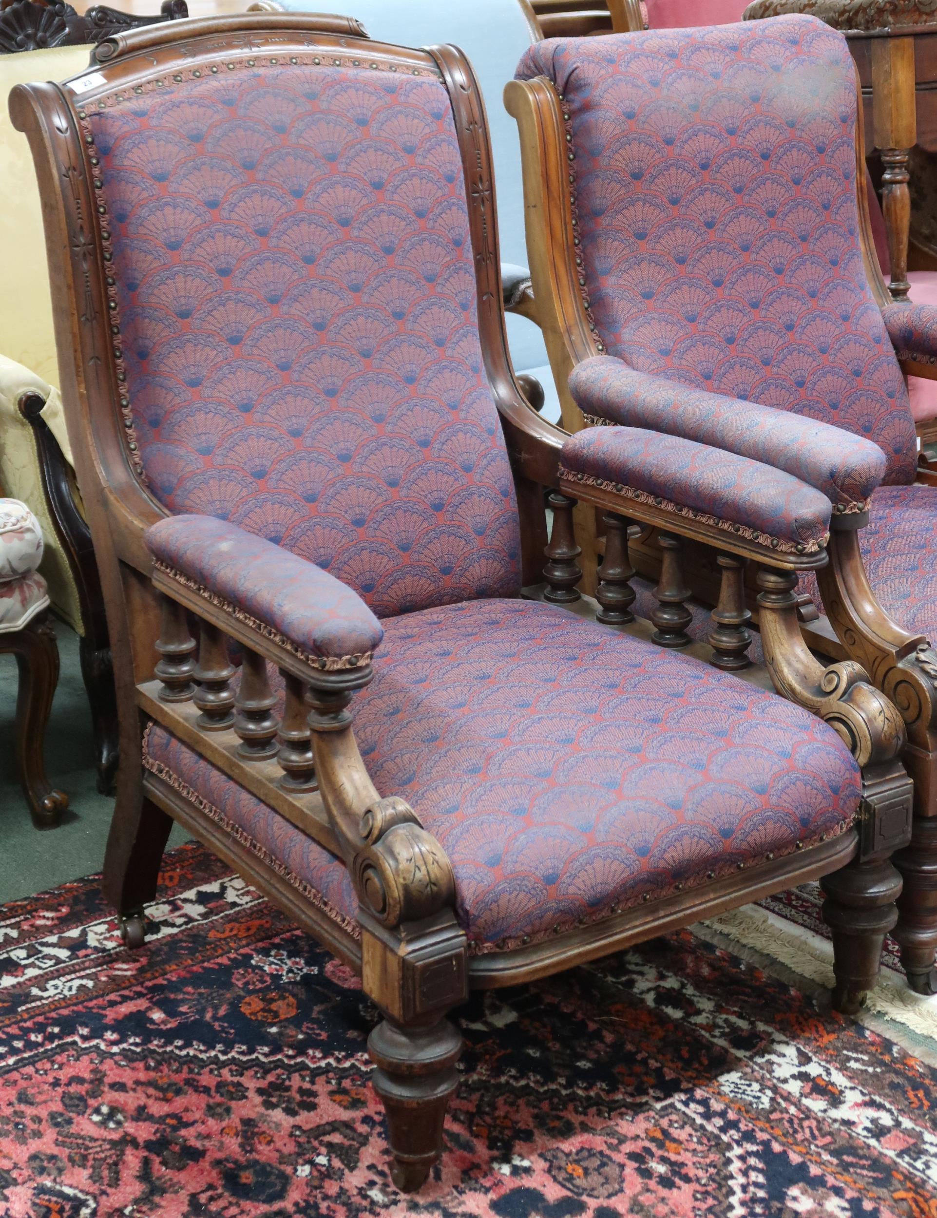 A lot of two assorted Victorian walnut framed armchairs the first with scrolled back flanked by - Image 2 of 3