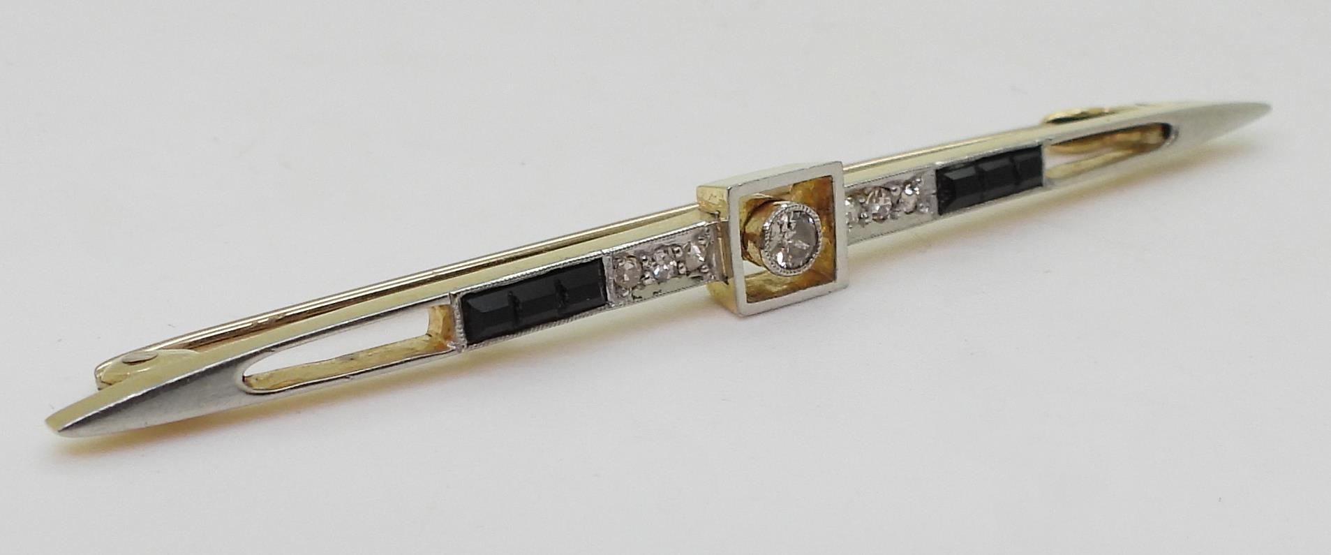 A 15ct gold diamond and black gem bar brooch, set with estimated approx 0.12cts of old cut diamonds, - Image 3 of 4