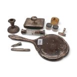 A collection of silver including a hand mirror, by Joseph Gloster, a silver desk blotter, a white