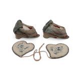 A pair of Chinese silk pale blue ground lotus shoes, and a pair of silk embroidered ear muffs (2)