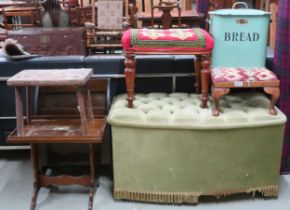 A mixed lot to include button upholstered ottoman stool, two further upholstered stools, elm