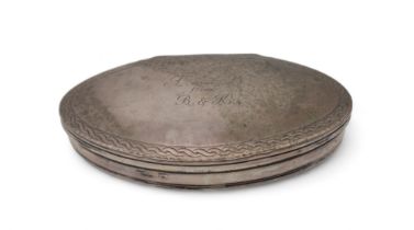 A continental silver box, possibly French, of oval form, engraved to the lid, 158gms Condition