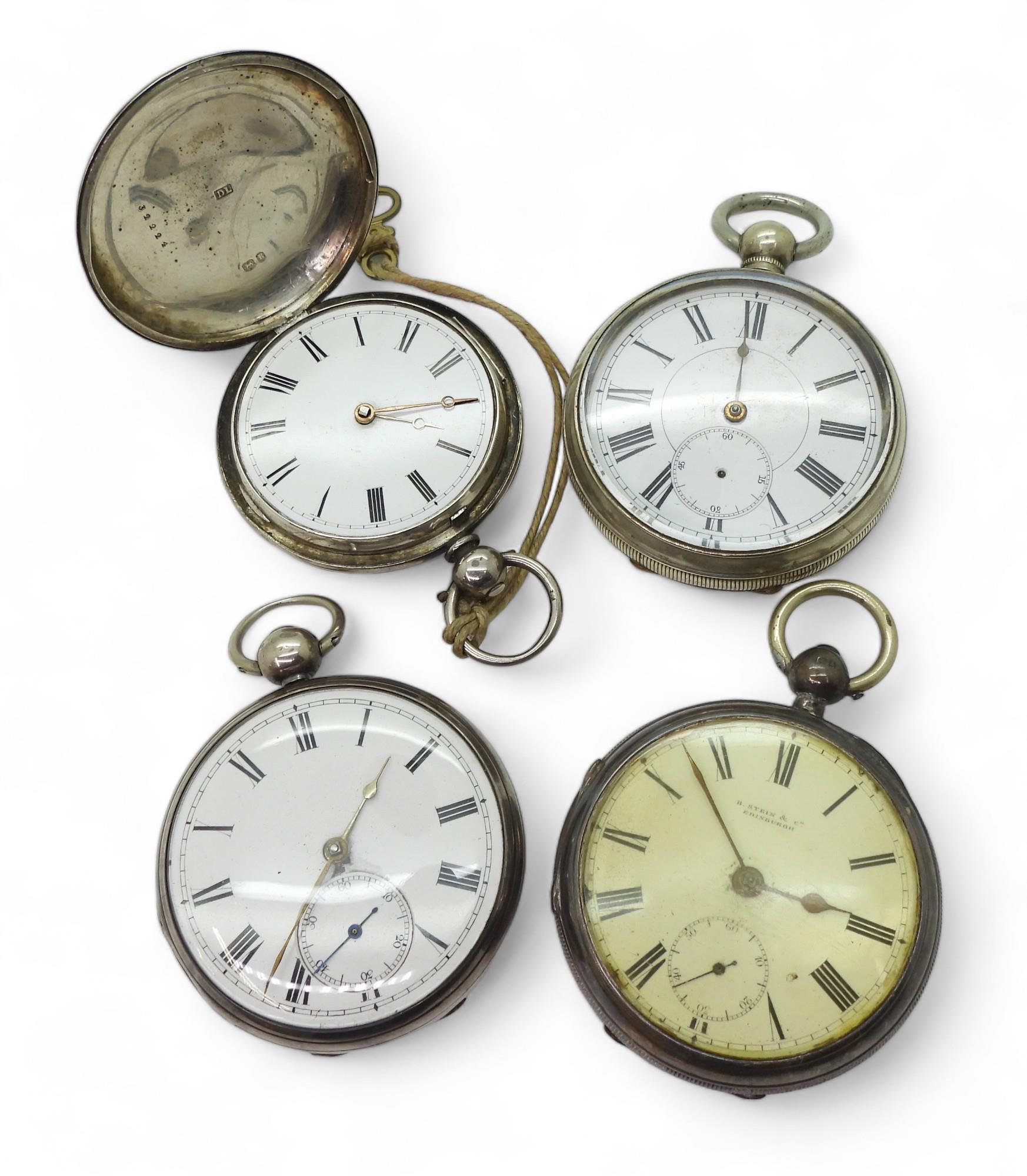 Three silver pocket watches, two with diamond end caps, dated 1835 and 1852, a further example dated