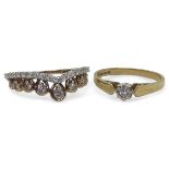 A 9ct gold illusion set solitaire ring, size N, together with a 9ct gold tiara shaped ring, size