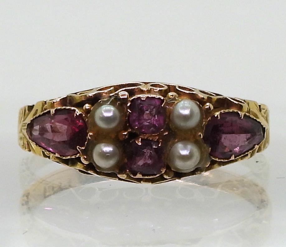 A 15ct gold pearl and pink gem ring, hallmarked Birmingham 1871, size Q, weight 2.1gms  Condition - Image 2 of 8