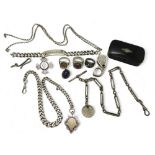 Two silver fob chains, a cross shaped brooch hallmarked 1890, a papermache snuff box and other items