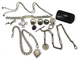 Two silver fob chains, a cross shaped brooch hallmarked 1890, a papermache snuff box and other items